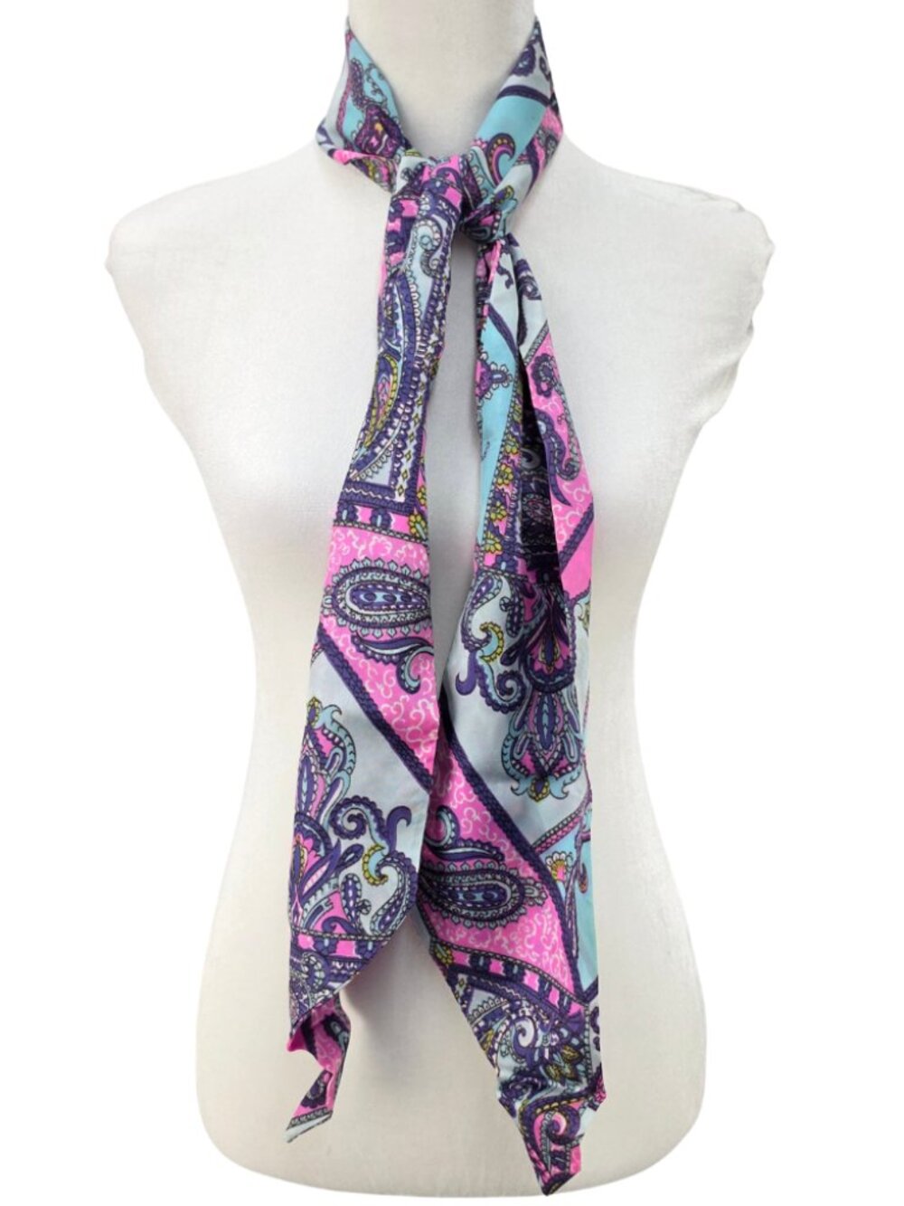 Vtg 70s Mod Colorful Pastels Paisley 60" Tapered Ribbon Scarf Satin Polyester  M